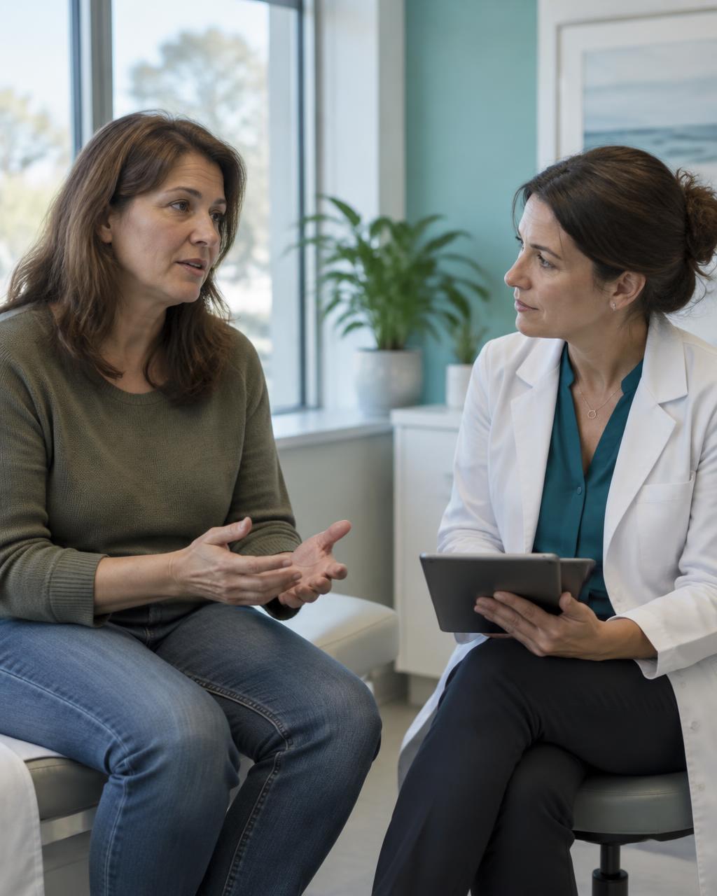 Illustrative image of a woman discussing care with a clinician
