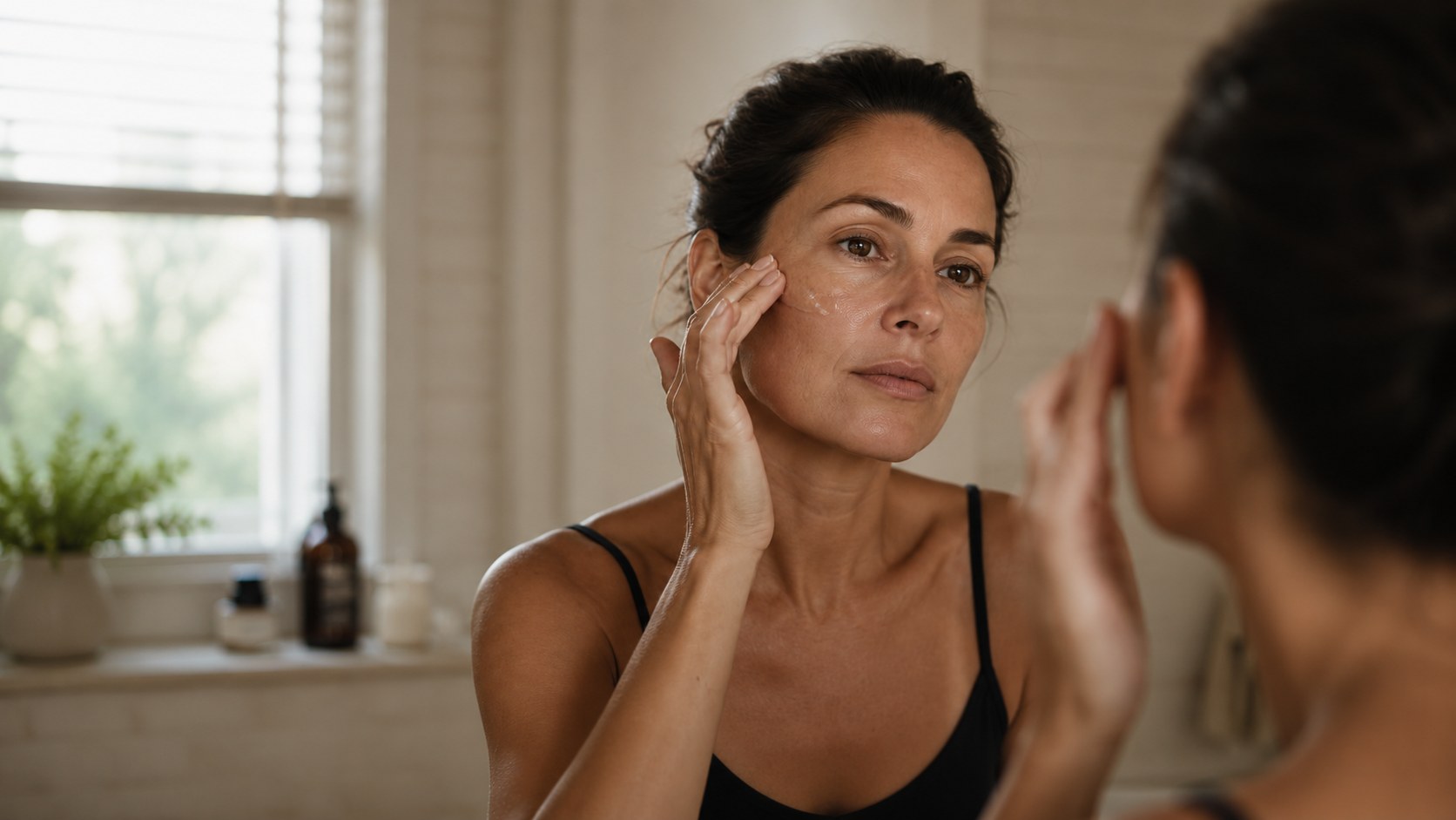 Person applying skincare in natural light