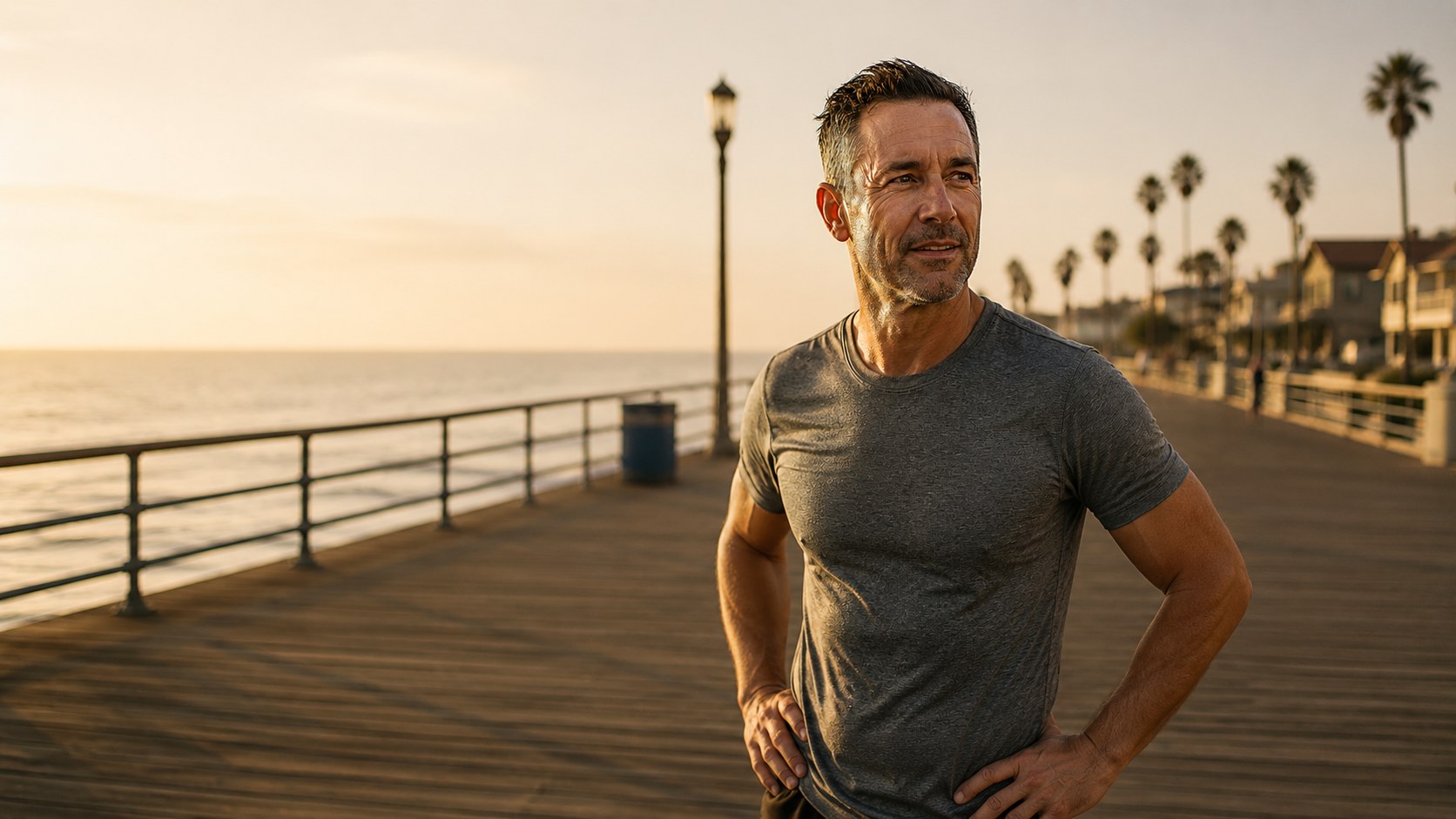 Man on a coastal boardwalk at golden hour